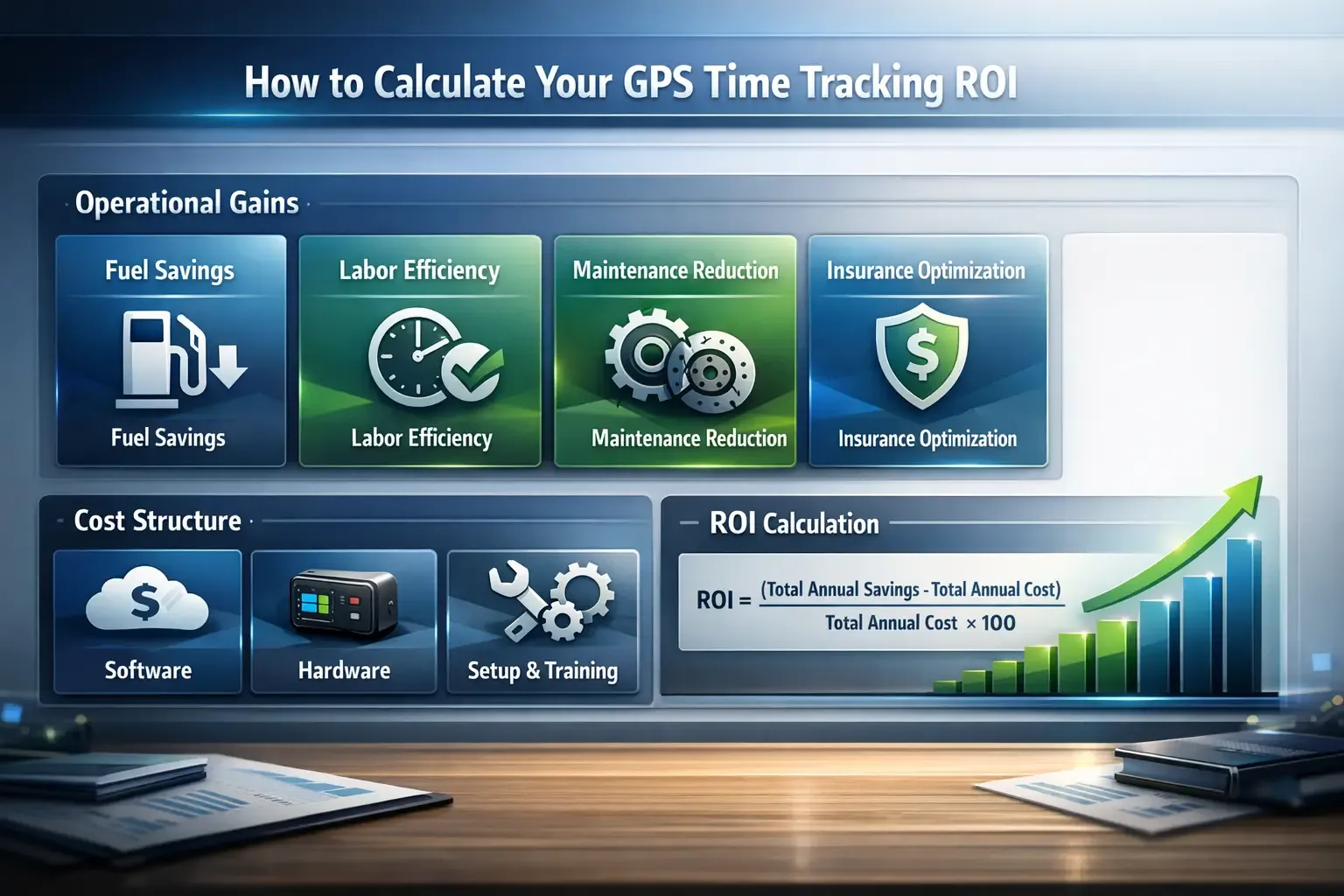 Dashboard showing GPS tracking ROI with savings, costs, and growth chart
